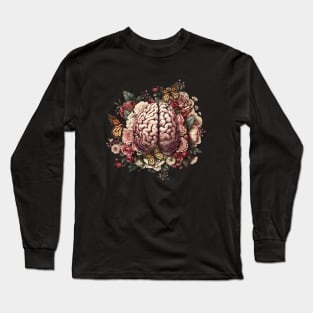 Brain with flowers, psychology, mental health, front brain, vintage grunge distressed effect Long Sleeve T-Shirt